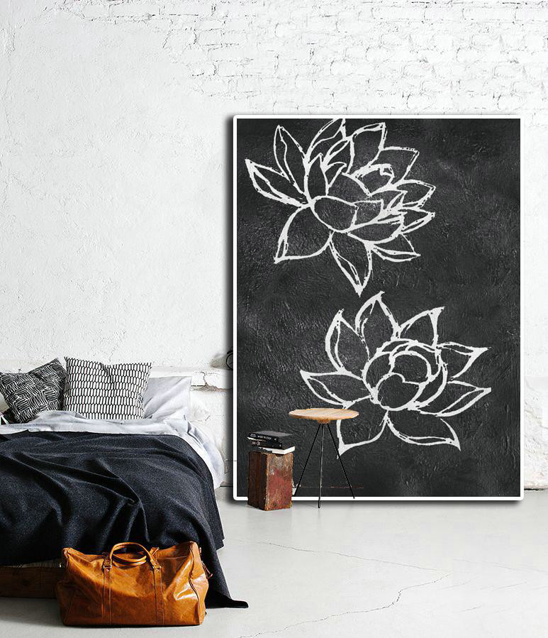 Contemporary Art Wall Decor,Black And White Minimal Painting On Canvas - Big Painting